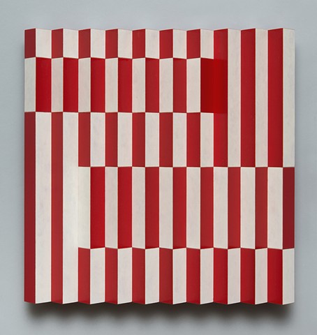 red white stripes interactive abstract colorful playful op art relief grid woodworking wood sculpture by artist Emi Ozawa