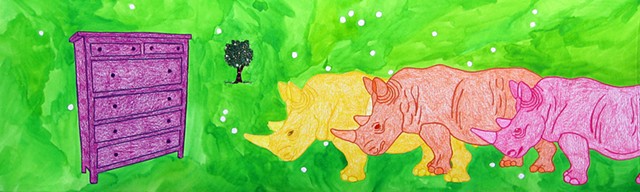 mixd media drawing on paper dresser rhinos small tree in outer space by Holly Campbell