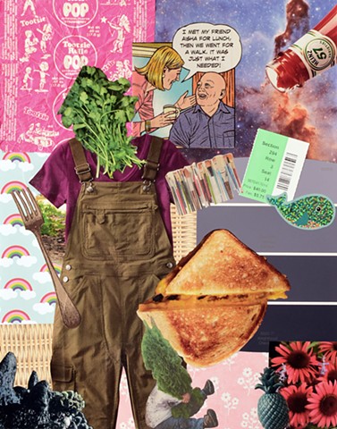 collage on paper with whale stickers ketchup Heinz 57 tootsie pop wrappers forks grilled cheese sandwich tree hugger coral reef knighthood color periwinkle ticket stubs paint brushes by Holly Campbell