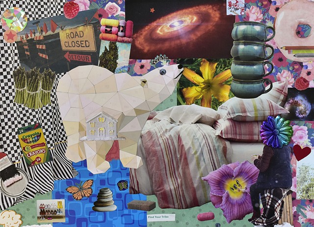 contemporary collage mixed media papers ephemera with polar bear coffee cups supernova pink iced doughnut crayola crayons bed sheets road sign mixed-media collage on paper by Holly Campbell