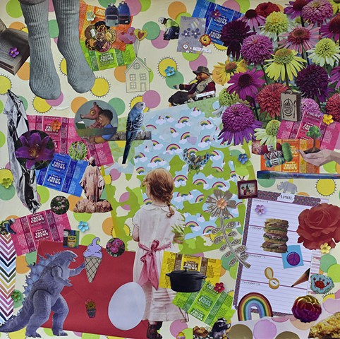 mixed-media collage with feet rainbows Godzilla, echinacea and polka-dotted background