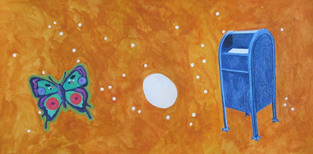 mixed media drawing on paper butterfly egg and mailbox in outer space by Holly Campbell