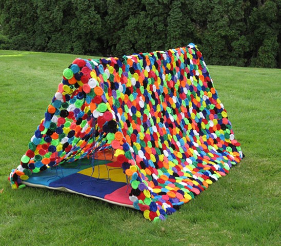 tent sculpture with swirled rainbow pipe cleaners and blue strung beads by Holly Campbell