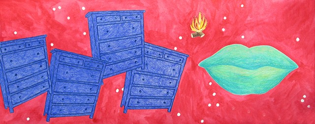 mixed media drawing on paper blue dressers gletter glue knobs large green lips glitter campfire in outer space by Holly Campbell