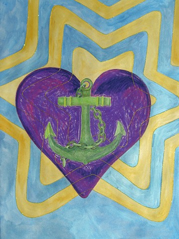 mixed media drawing of a green anchor and a violet heart by Holly Campbell