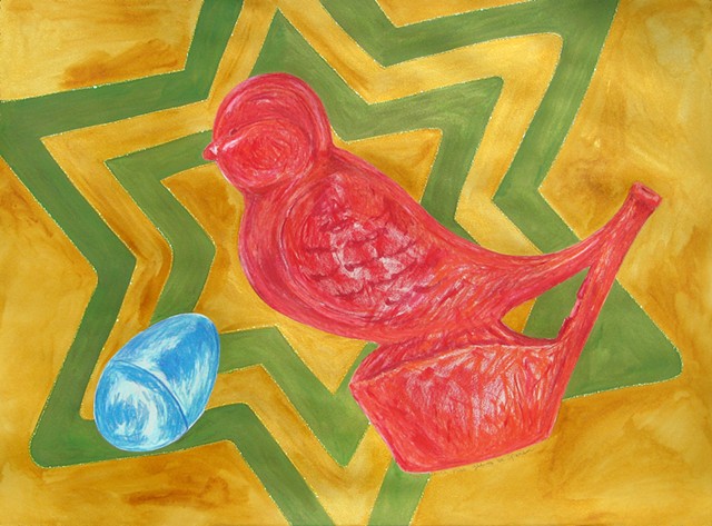 red bird whistle and blue plastic egg in pastel with watercolor and glitter glue background by Holly Campbell
