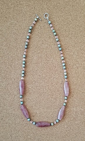 necklace pink stone Czech glass and metal beads by Holly Campbell