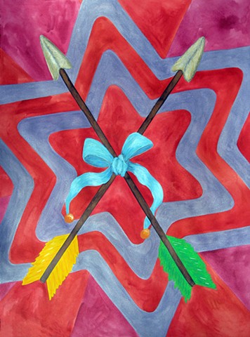 mixed media drawing oil pastel on paper watercolor arrows blue ribbon green and yellow feathers by Holly Campbell
