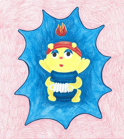 color pencil drawing on paper of glow cricket accordion with pentecostal flame by Holly Campbell