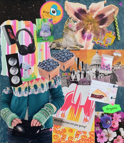 collage on paper mixed-media collage with stickers ephemera giant lily snoopy headphones outer-space rocket-ship and cherry pie mixed-media collage on paper by Holly Campbell