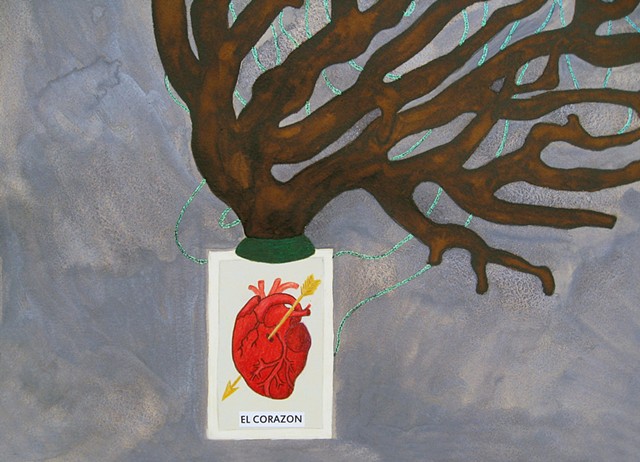 mixed media drawing of loteria card el corazon heart glitter glue butterfly coral branch watercolor by Holly Campbell