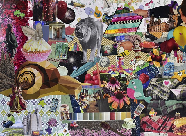 collage on paper with a snail stars birds and fire