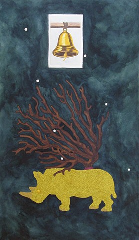 mixed media drawing on paper bell loteria card gold glittered rhino coral branch constellation in night sky by Holly Campbell