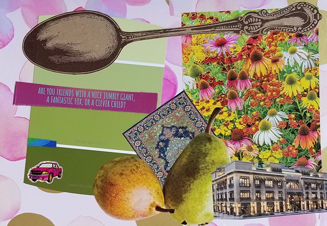 mixed-media collage on paper wth spoon building pears Persian rug avacado gren paint card echnicha flowers and magenta colored truck sticker on a pink and gold background by Holly Campbell