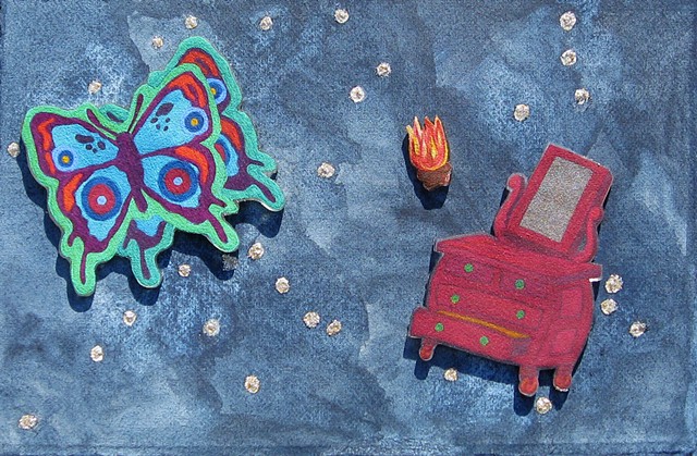 floating butterfly and dresser Shrinky-Dinks postcard by Holly Campbell