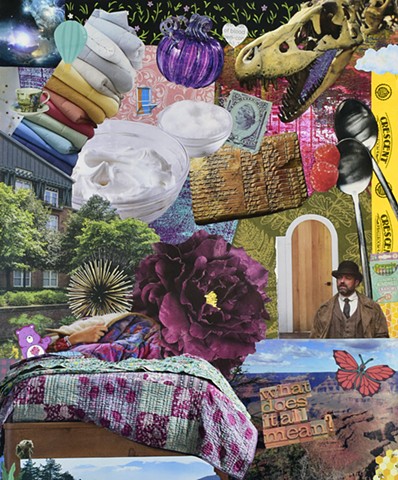 collage on paper with t-rex skeleton head, the grand canyon, man in a hat next to a door and stacks of blankets by holly campbell