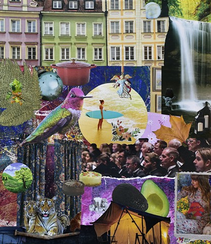 mixed-media collage on paper with hummingbird, surfer, waterfall, european buildings, avocados, tent, tigers and a rusty nail by holly campbell