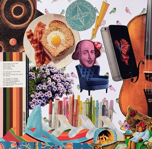 collage contemporary collage Samsung galaxy violins cello lightning bolt blue circles birds circles shakespeare blue velvet chair purple daisies art pens markers copics pillows sleepy-time tea bear waves ocean by Holly Campbell