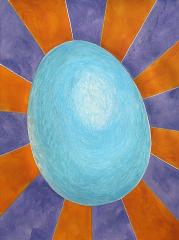 mixed media drawing large blue egg radiating lined glittered background watercolor oil pastel by Holly Campbell