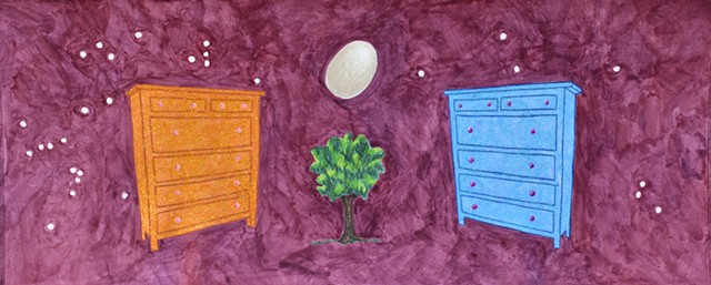 dressers, a small tree and an egg in outer space by Holly Campbell