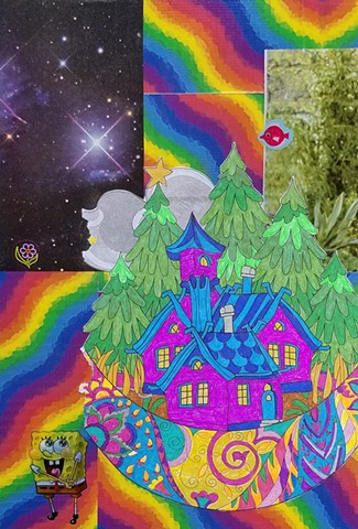 mixed-media collage on paper with rainbow duct tape Sponge-bob Square-pants archival glitter ink and a magical house drawing by Holly Campbell