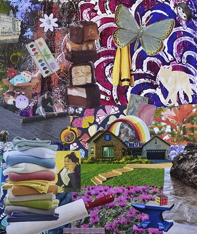 mixed-media collage on paper with a stack of chocolates, house, rainbow, wolf, butterfly and jacket with gel printed background  by holly campbell