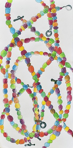 repeating rainbow colored necklace drawing in pencil and watercolor color pencil on paper by Holly Campbell