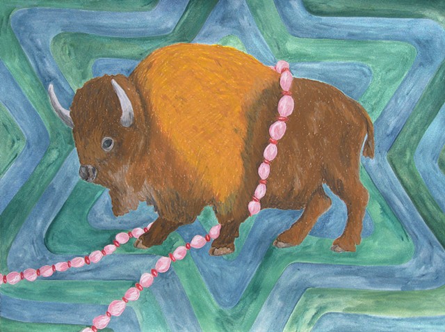 mixed media drawing buffalo on paper pink beads radiating star patterned background by Holly Campbell