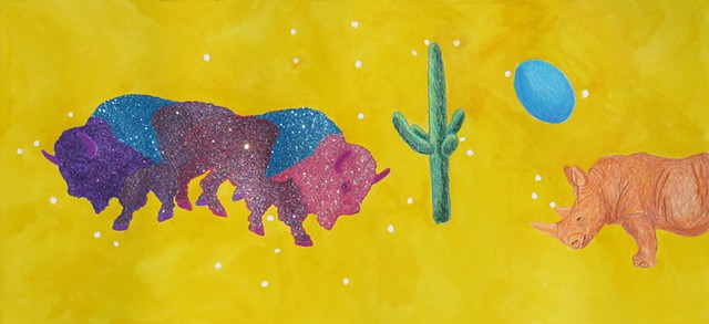 Siamese buffalo, cactus, blue egg and orange rhino in outer space by Holly Campbell