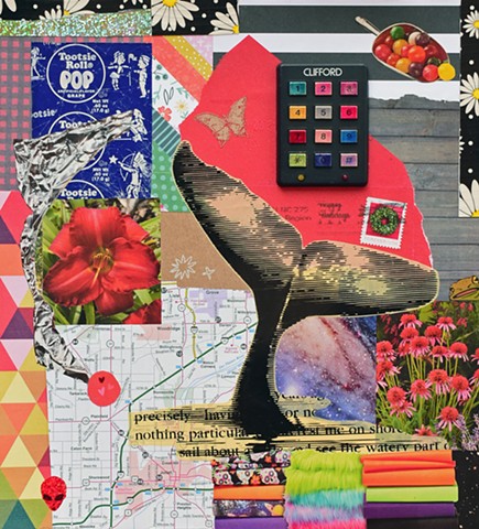 mixed-media collage on paper of tootsie pop wrappers envelope garage door opener map of Illinois whale tail stacks of fabric triangle paper cosmos flowers and daisy duct tape by Holly Campbell