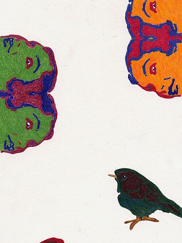 color pencil draing on paper of technicolor conjoined heads with green bird by Holly Campbell