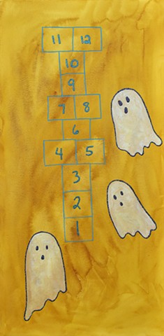 three ghosts playing hopscotch mixed-media drawing on paper by Holly Campbell