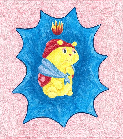 color pencil drawing on paper glow grandma ladybug with pentecostal flame by Holly Campbell