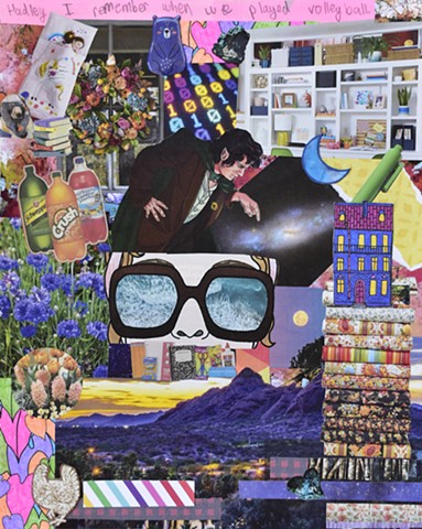 collage on paper with Frodo, southwest mountains and large glasses