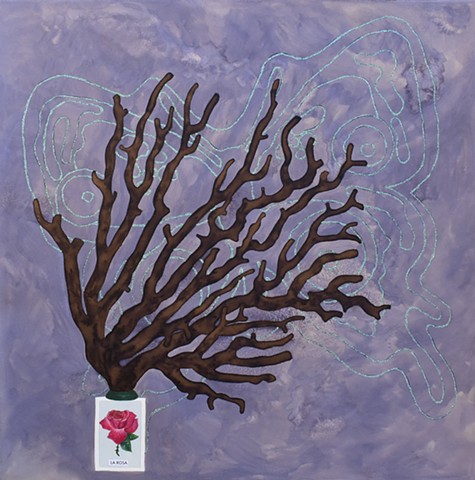 mixed media drawing of Loteria card el rosa (rose) with glitter glue butterfly and coral branch  by Holly Campbell