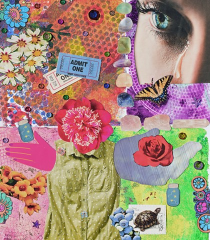 collage sequins flowers stones mono printing tears admit one tickets rose open hands glass jars sleeveless shirt blueberreis tortoise stamp by Holly Campbell