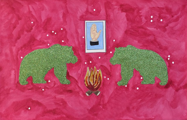 mixed-media drawing two bears, a campfire and  la mano loteria card by Holly Campbell