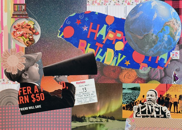  collage on paper with a globe, pine trees , starry sky, and tacos