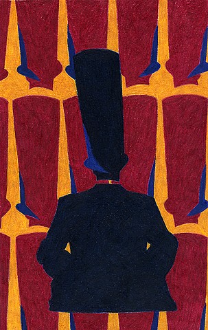 color pencil drawing on paper of abraham lincoln like figure sitting down with repeating tall top hats in red gold and blue by Holly Campbell