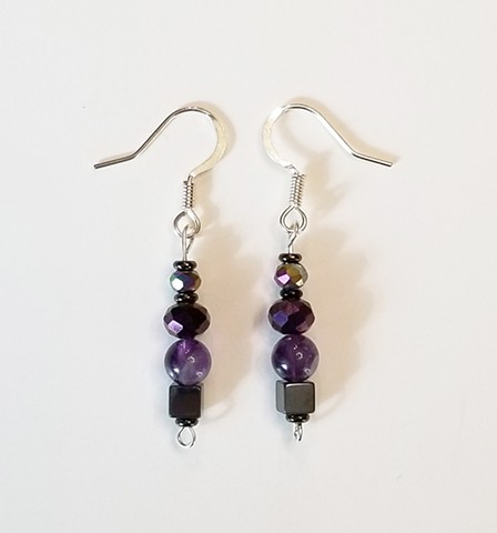 purple beaded earrings in amethyst, hematite, and Czech glass beads with stainless steel ear hooks