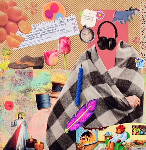 mono-printing mixed-media collage on paper with tulips buffalo plaid men's wingtips headphones eeyore oranges chevron paper feathers jesus sleepy time tea bear clocks and balloons by Holly Campbell 