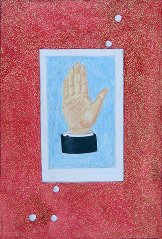 color pencil drawing of a Loteria hand with a bright, deep pink glittered background by Holly Campbell