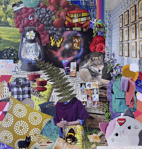 fern head collage with lantern, wolf, backpack, pillow and gallery wall with wallpaper