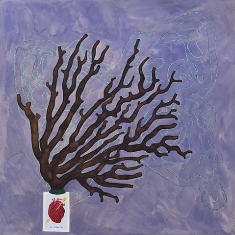 mixed media drawing of Loteria card el corazon (heart) with glitter glue butterfly and coral branch by Holly Campbell