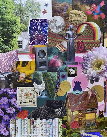 mixed-media collage on paper with woman fueling up a car, house windows, trees, cottage, full moon, and speakers by holly campbell