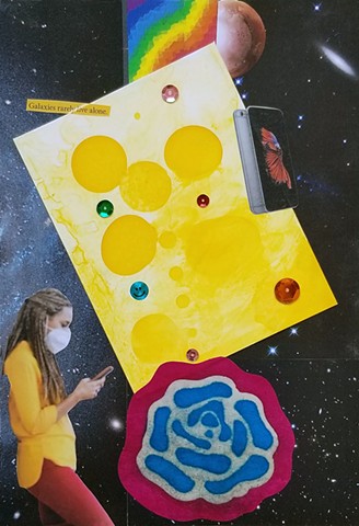 mixed-media collage on paper with rainbow duct tape samsung galaxy phone/outer space woman texting in a face mask blooming blue flower sequins text alcohol inks onphoto paper and smiley face stickers by Holly Campbell