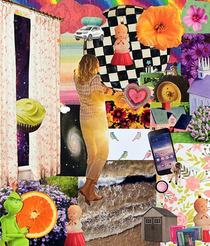 mixed-media collage contemporary collage checkerboard curtains window outerspace cupcakes orange slices the grinch john deere tractor hearts samsung galaxy phone ocean waves astronaut angel candles sheds rainbows clouds by Holly Campbell