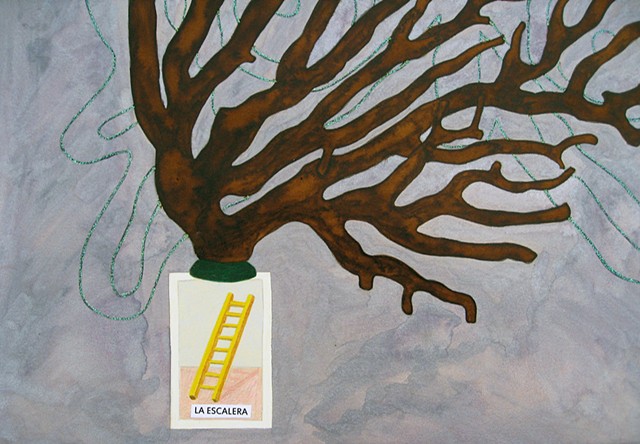 mixed media drawing of loteria card la escalera ladder glitter glue butterfly coral branch watercolor by Holly Campbell