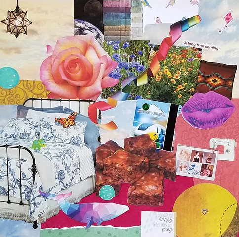 collage on paper with brownies bed lips pink rose ribbons rainbow a dolphin by Holly Campbell