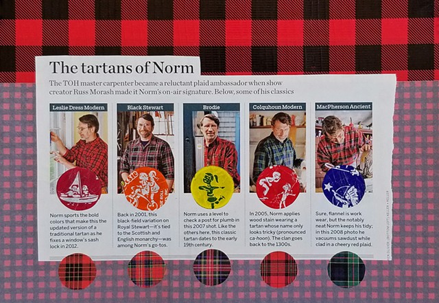 mixed-media collage on paper with duct tape buffalo plaid paper The Tartans of Norm from This Old House magazine and Tootsie Pop Wrappers by Holly Campbell